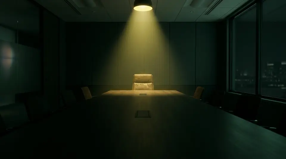 Sala de juntas con una silla de dirección vacía iluminada